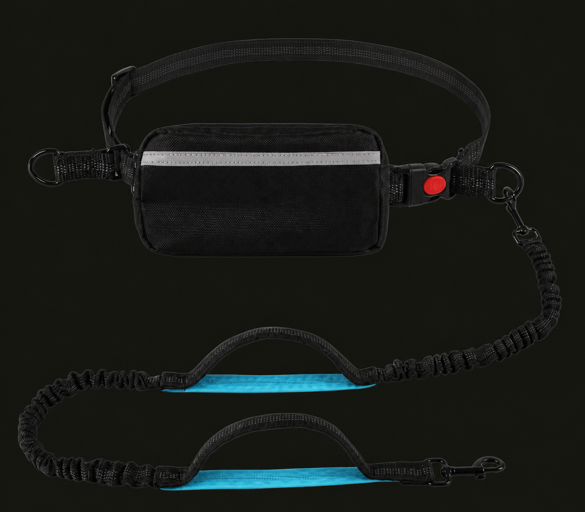 TrailTether waist belt, zip pouch and dual-handle bungee leash on a plain background