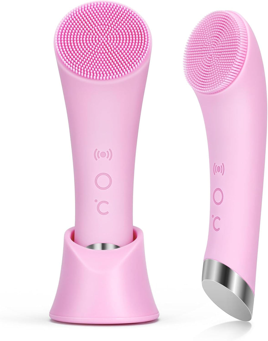 Facial Cleansing Brush, Rechargeable Silicone Face Scrubber with Heat Massage End, Vibrating Exfoliator Scrubber for Deep Cleaning, Waterproof Face Brush for Women and Men (Pink)