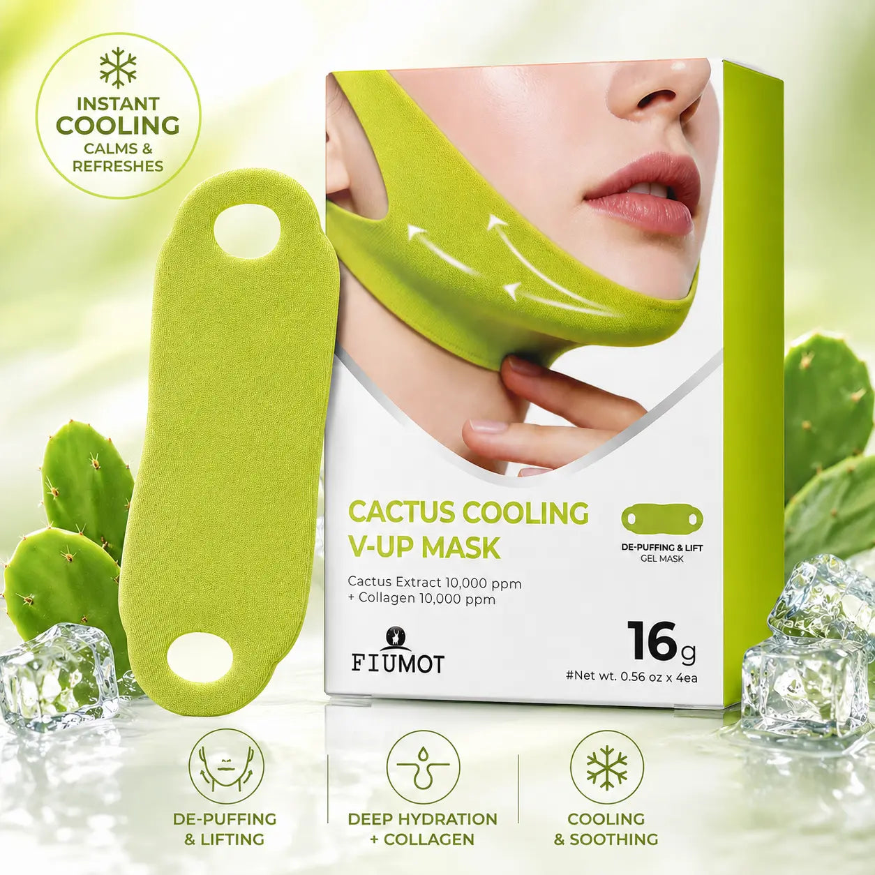 Cactus Cooling V Lift Face Mask Firming Jawline Mask Lightweight Hydration Sheet Mask for Skin Tightening Smoothing Puffiness Care and Visible Face Contour Improvement Morning Night Skincare Routine Gift Choice 4PCS