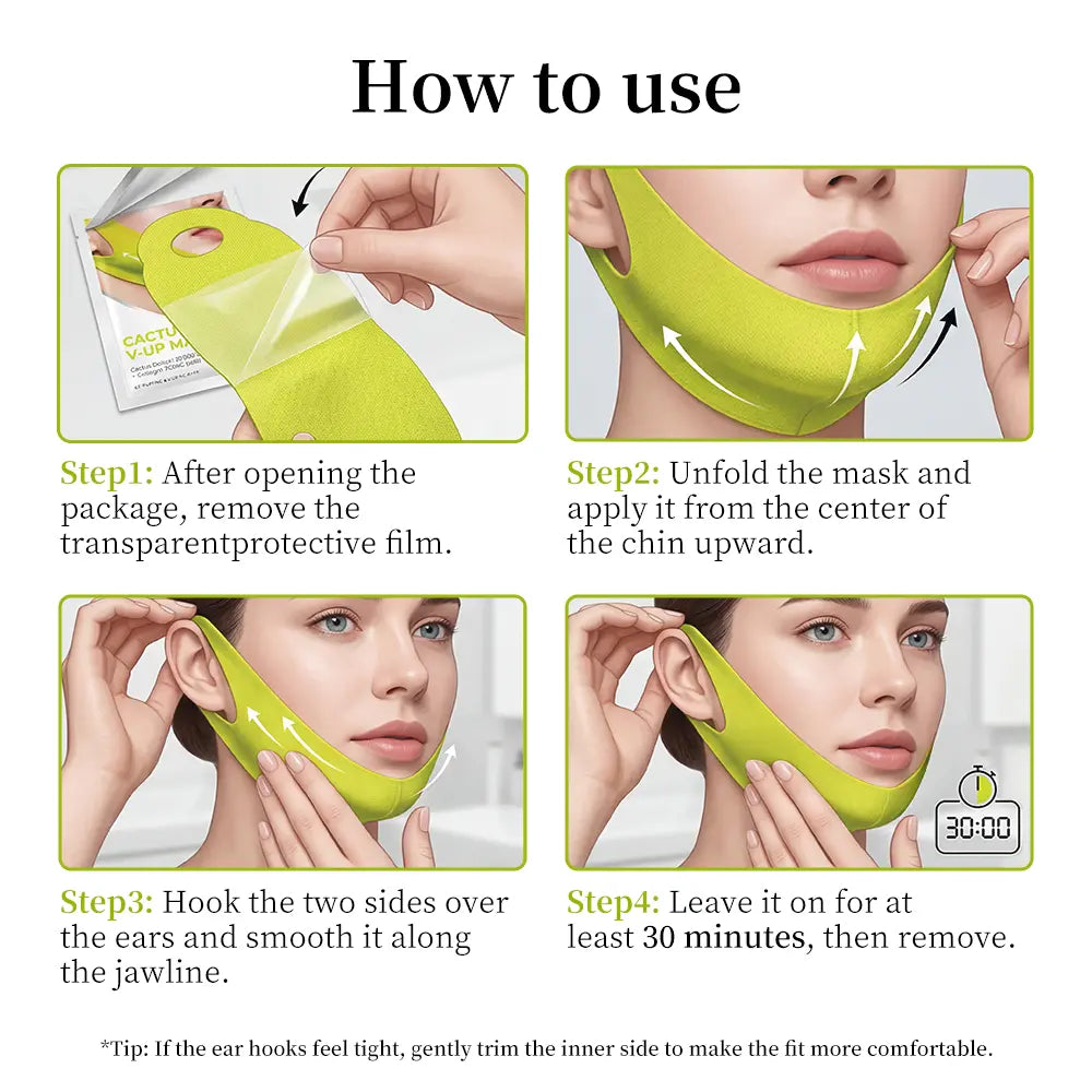 Cactus Cooling V Lift Face Mask Firming Jawline Mask Lightweight Hydration Sheet Mask for Skin Tightening Smoothing Puffiness Care and Visible Face Contour Improvement Morning Night Skincare Routine Gift Choice 4PCS