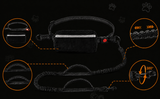 TrailTether leash detail view — reflective waist belt, dual bungee shock cords, traffic handle and 360 degree swivel clip